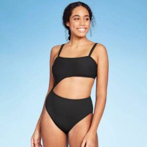 Women's Ribbed Cut Out One Piece Swimsuit - Shade & Shore, Black Medium